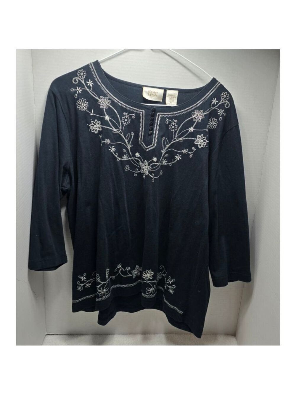 Women's Baxter & Wells Black Embroidered Long Sleeve Tee Plus XL vtg